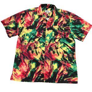 Uzzi Shirt Mens L Red‎ Black Abstract Hawaiian Tie-Dye Button Up Short Sleeves